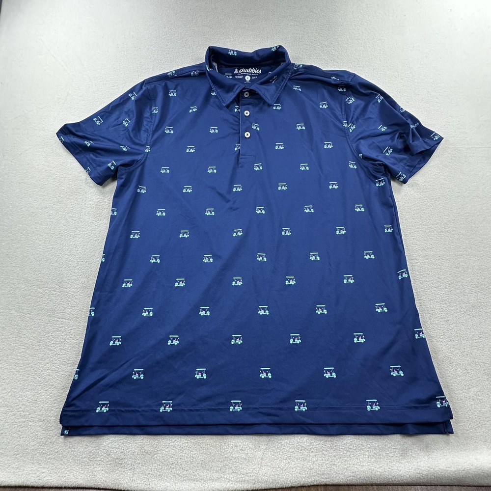 Chubbies Polo Shirt Mens Large Navy Golf Cart Print Stretch Performance Golf